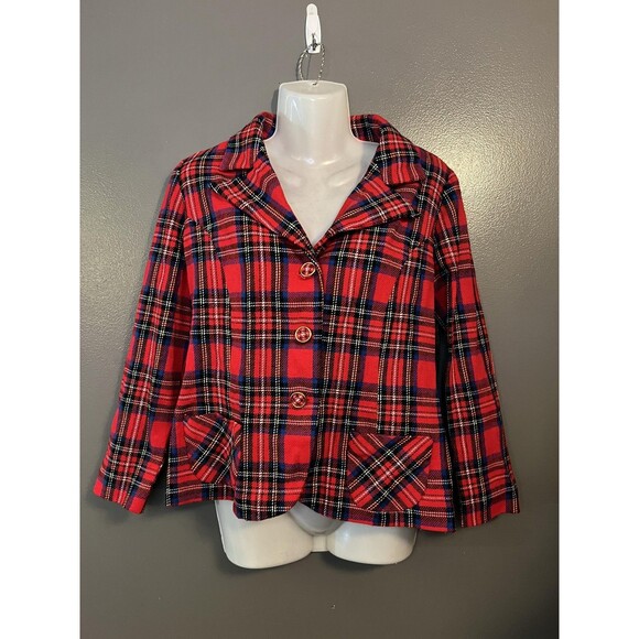 Vintage Plaid Jacket Womens Medium Red Blue Black Button Front Retro Mod 60s 70s - Picture 1 of 7